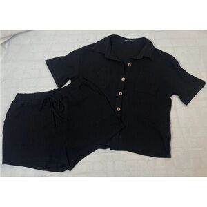 SHEIN 2 Pc Black Shirt & Short Set Short SleeveWoman’s L Pockets Tie Waist NEW